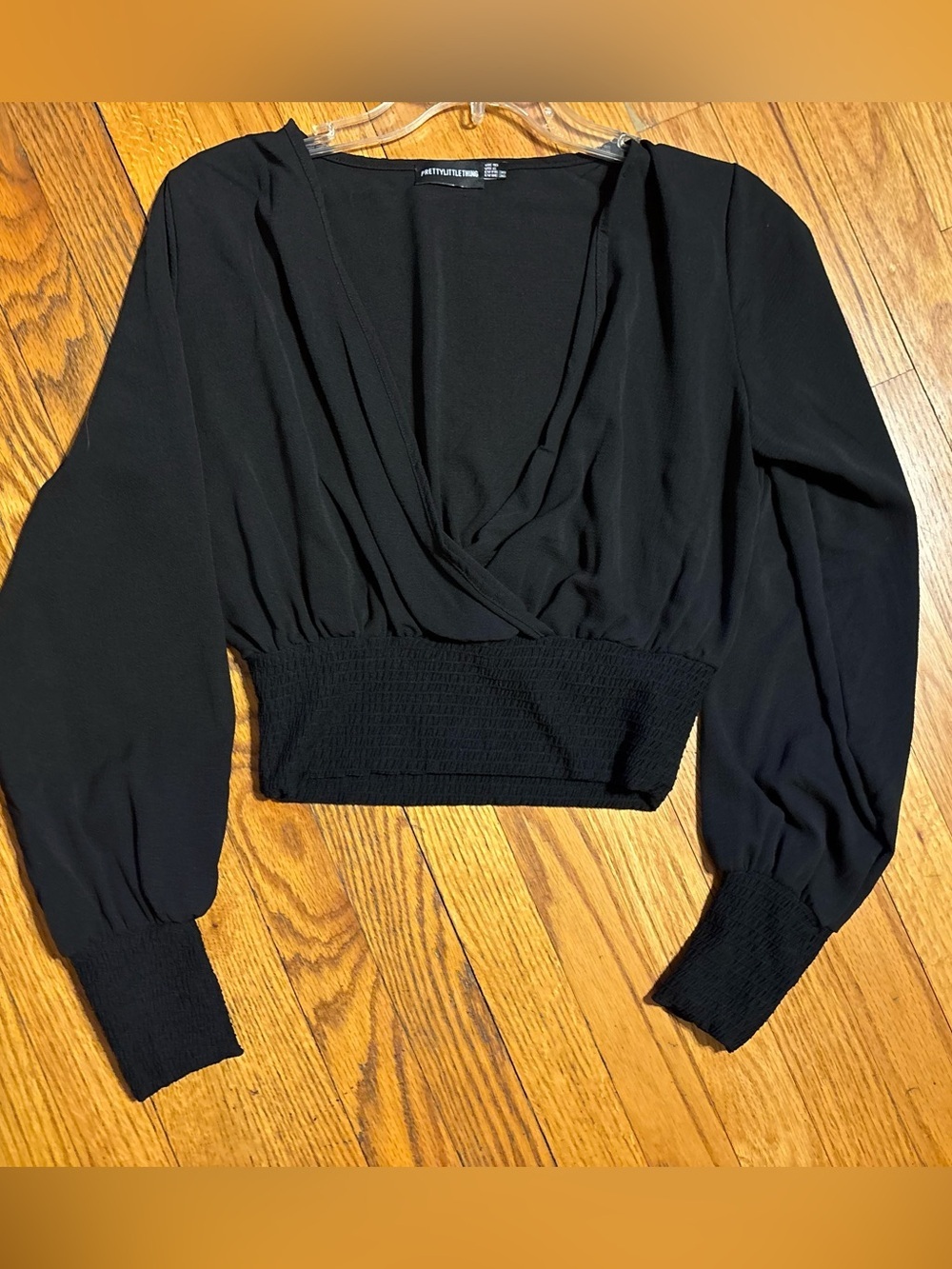 PrettyLittleThing Black Wrap-Front Smocked Crop Top